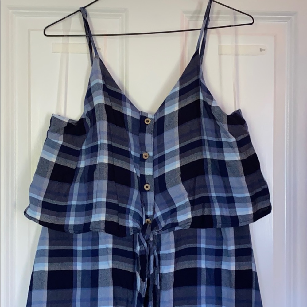 Blue checkered button up skater dress